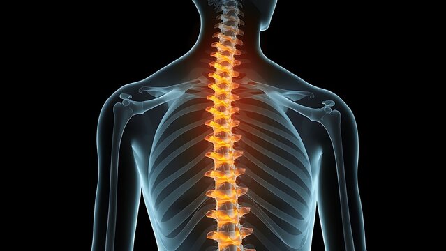 culpability. X-ray silhouette of a human spine with a subtle golden coil ascending within the vertebrae. STEM education sheets, lab safety posters, designed for biotech research communications.