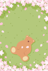 spring vector background with pink cherry blossoms and a bear sleeping on the green field