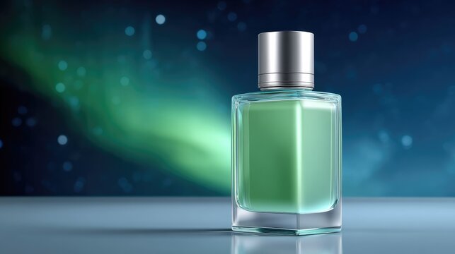Elegant Green Bottle of Perfume with Silver Cap Against a Starry Night Sky and Aurora Borealis Background for Luxury Product Marketing