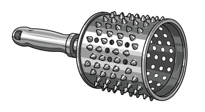 Detailed grey and black illustration of a cabasa percussion instrument with a textured cylinder and a handle on white background.