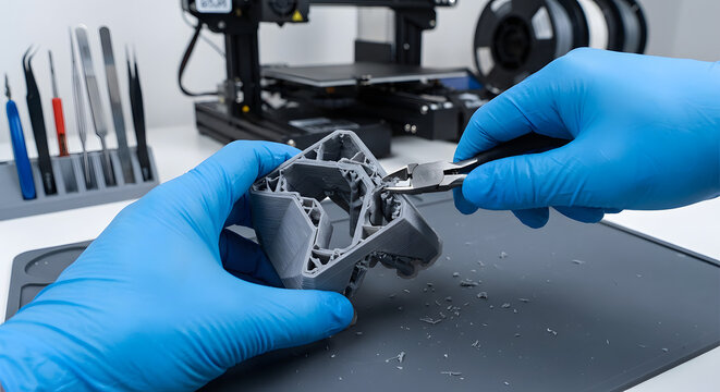 technician in blue gloves using pliers to clean and post process a grey 3d printed plastic part in a professional workshop with a 3d printer and filament in the background