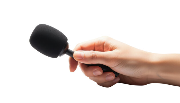 Hand holding small black foam microphone on white background