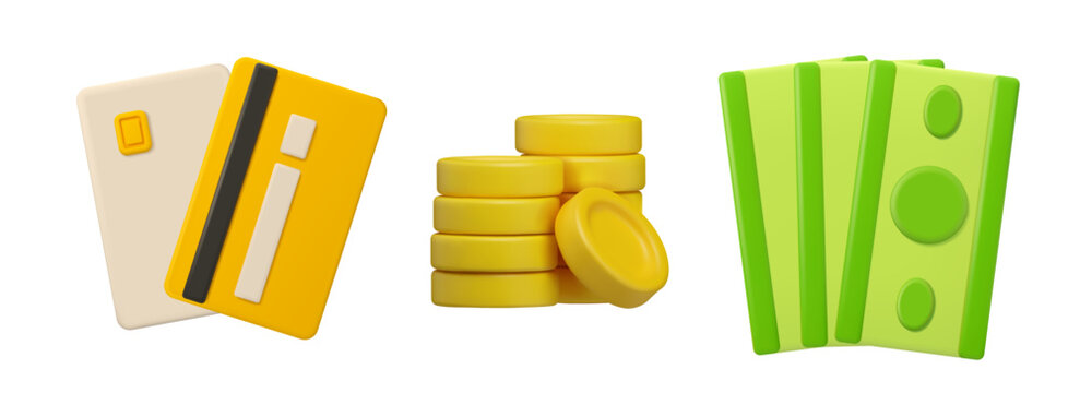 Vector 3d payment icon set. Banknotes, coins and credit card. Income concept