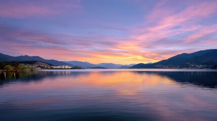 Obraz premium Serene Sunset Over Calm Lake with Soft Pastel Colors and Silhouetted Mountains in the Background, Perfect for Nature and Landscape Photography