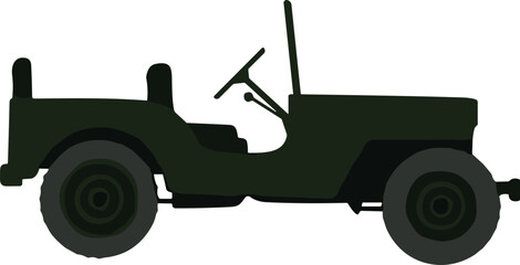 Vintage military jeep silhouette vector illustration, classic off road vehicle side view, army transport car flat design © MD