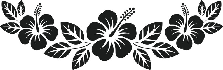 Black hibiscus floral border silhouette vector with leaves