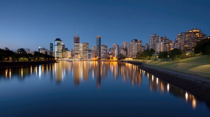 Obraz premium Beautiful City Skyline Reflected in Calm Water during Twilight with Clear Blue Sky and Illuminated Buildings in Brisbane, Australia