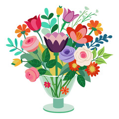 Colorful bouquet of various flowers in vase displaying vibrant roses tulips and daisies with lush greenery on white background