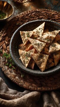 Crispy middle eastern pita chips with zaatar spice piled in dark stone bowl on woven rattan tray and bronze background, cozy oriental snack sharing atmosphere