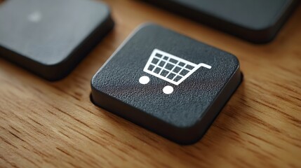 Close up of a shopping cart icon on a computer keyboard key representing online shopping and e commerce