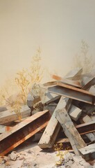 Obraz premium Ruined Industrial Landscape Watercolor Illustration Evokes Decay and Muted Warmth