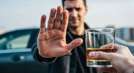 Man saying no to alcohol with gesture symbolizing sobriety and responsible lifestyle