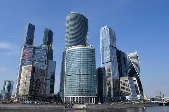 Modern skyscrapers of the Moscow International Business Center (Moscow City) under construction on a sunny summer day, Russia, 2015