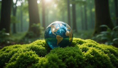 Global ecology concept with a blue earth sphere placed in a natural woodland setting