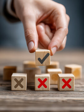 Hand selecting a wooden block with a check mark symbol among others displaying red and gray cross marks on a wooden surface representing decision-making and approval