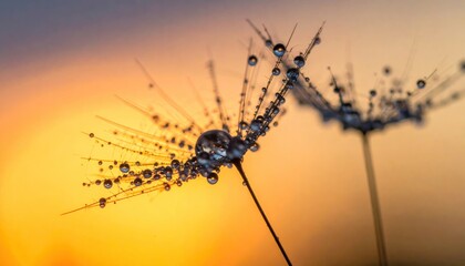 Dandelion seeds adorned with water droplets against a warm sunset backdrop.