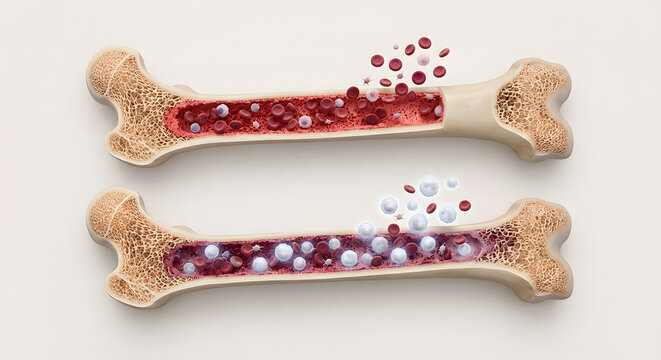 Detailed 3D anatomical cross section of human bone marrow showing blood cell production including red and white blood cells for medical science education and hematology research