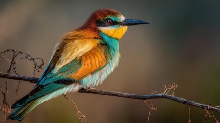 Obraz premium hyperrealistic European eater perched on thin branch above spring meadow, vibrant turquoise and orange feathers, warm backlight, ultra detailed