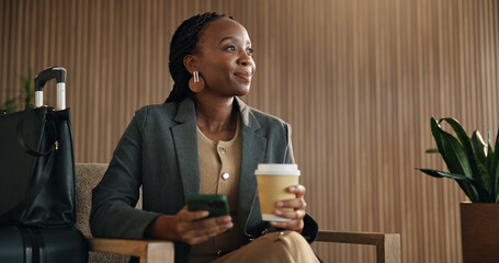 Thinking, phone and business black woman in airport lounge for flight tracking, layover update and coffee. Communication, boarding schedule and vision with person and drink in vip lobby for travel © WesJVR/peopleimages.com