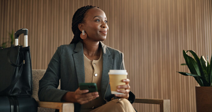 Thinking, phone and business black woman in airport lounge for flight tracking, layover update and coffee. Communication, boarding schedule and vision with person and drink in vip lobby for travel