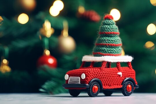 Knitted red car carrying a small green christmas tree on its roof against a festive background