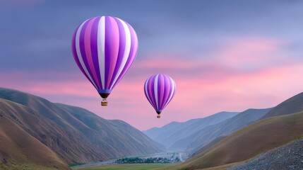 Naklejka premium Colorful hot air balloons soaring over majestic mountains at dawn with serene skies, peaceful landscape and warm hues creating a picturesque travel scene