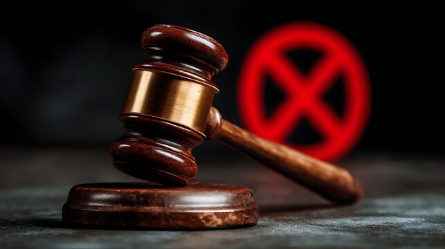 Gavel with sounding block and a red prohibition sign in the background on a dark, textured surface.