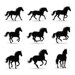 Horses silhouette set with various running poses and mane styles dynamic black featuring vector, illustration, animal with equine and gallop elements for movement, shadow projects, clean composition © Roberto
