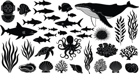 Large collection of marine life silhouettes including whale shark octopus and coral isolated on white for cad drawing flat vector illustration design © Riya