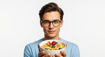 Young man smiling with bowl of muesli isolated on white background symbolizing healthy breakfast and balanced diet