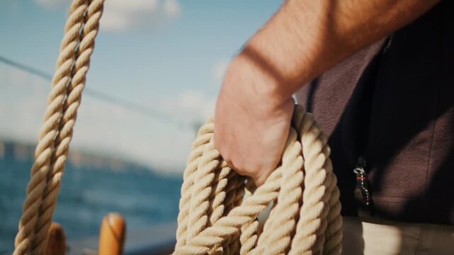 Crew handling sailing ropes on tall ship deck under bright sunlight