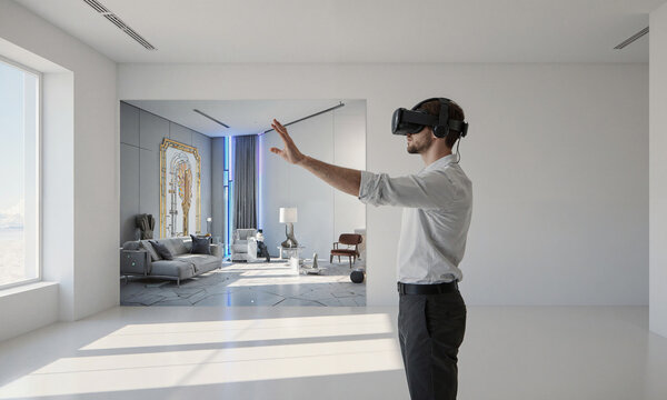 Virtual augmented reality man wearing goggles in white room visualizing modern apartment design using advanced technology