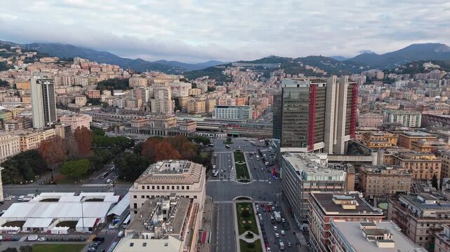 Aerial view of Genova Brignole station and bustling cityscape buildings