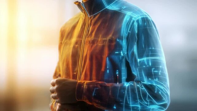 This features person wearing high tech jacket, surrounded by glowing digital overlays, abstract light. Futuristic atmosphere highlights intersection technology, style, digital transformation