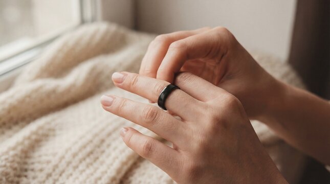 Woman putting a black smart ring on her finger for health and activity tracking.