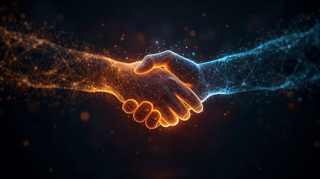 Handshake with glowing orange and blue network connections on dark background