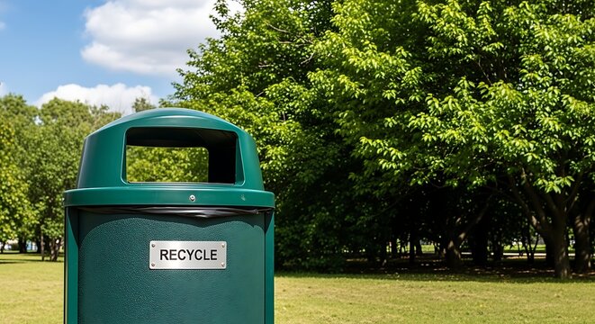 Outdoor public trash bin in park with green trees and daylight. Clean city environment concept highlighting waste management, sustainability, recycling, and urban hygiene.