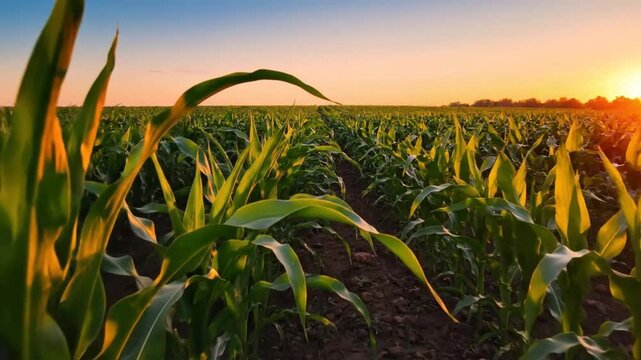 Scenic view of a cornfield bathed in golden sunlight at sunset with rows of green plants and a clear sky