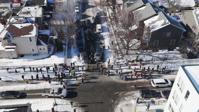 People confronting against ICE agents after the killing of Alex Pretti in M'inneapolis Minnesota aerial footage
