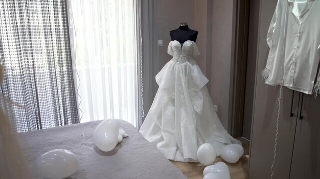 A bride gets ready for her wedding day in a bright room. A white wedding dress is on display, surrounded by simple decorations like balloons. The light shines through the windows.