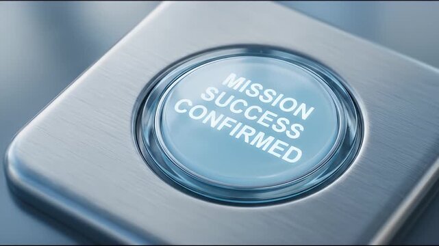 Mission success confirmed button metallic surface close up with blue light glowing symbolizing achievement confirmation accomplishment technology modern sleek design positive outcome communication