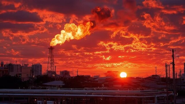 Sunset sky with industrial flare stack burning gas and city silhouette under dramatic orange clouds, fiery atmosphere with intense fire and cloud patterns in urban skyline