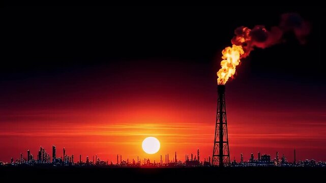 Sunset industrial refinery flare fire silhouette sky factory energy pollution with large flare stack burning bright against dramatic orange red hues creating intense atmosphere dusk