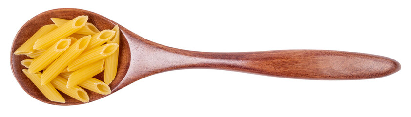 Isolated wooden spoon with macaroni on a white background, top view