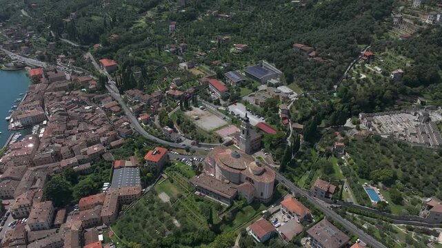 Europe Italy Lake Garda Gargnano cinematic aerial view of this old town village in 4K 60fps