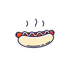 sausage, bun, hotdog, food, fastfood, snack, streetfood, cartoon, vector, illustration, icon, isolated, tasty, yummy, meal, picnic, grill, barbecue, ketchup, mustard, topping, simple, flat, cute, play