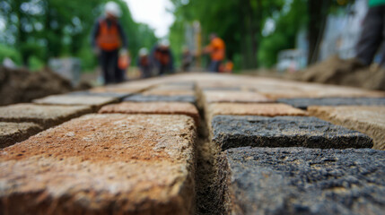 Naklejka premium Construction workers installing brown and gray bricks on a walkway outdoors with blurred trees and safety-vest-clad workers in the background during daytime