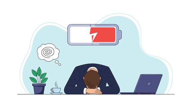 Exhausted businessman sleeping on his office desk under a low red battery icon representing burnout and lack of energy at work.
