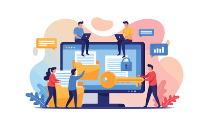 Group of professionals work together on a large computer screen with folders and keys to manage data privacy and internet security.