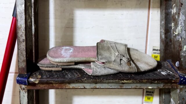 Close-up of worn house slippers stacked on a rusty step ladder in a tiled bathroom utility corner, with mop handle and gritty indoor textures.